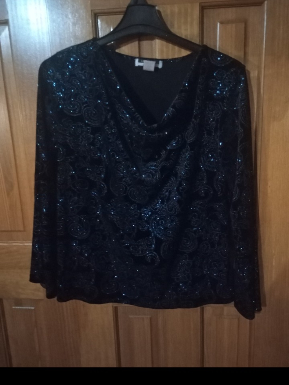 Leslie Fay Black Sequined Cowl Neck Blouse
